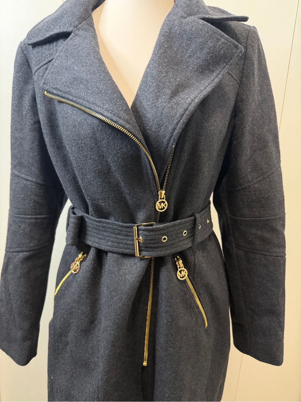 Michael Kors Charcoal Gray Belted Trench Coat with Gold Hardware - Picture 4 of 15